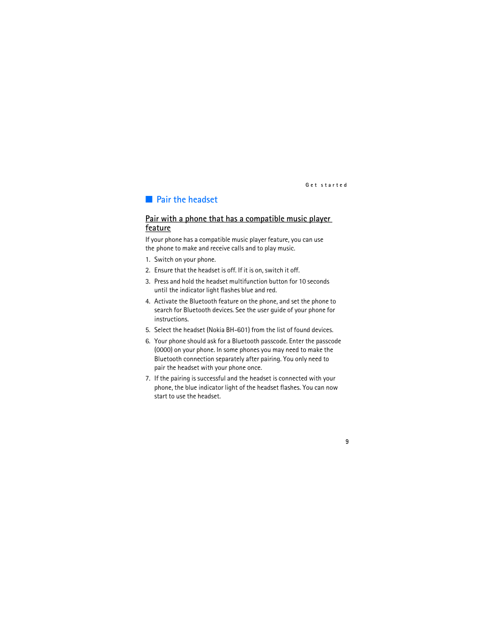 Pair the headset | Nokia BH-601 User Manual | Page 9 / 78