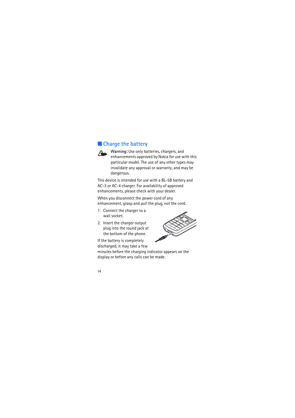 Charge the battery | Nokia 2135 User Manual | Page 14 / 71