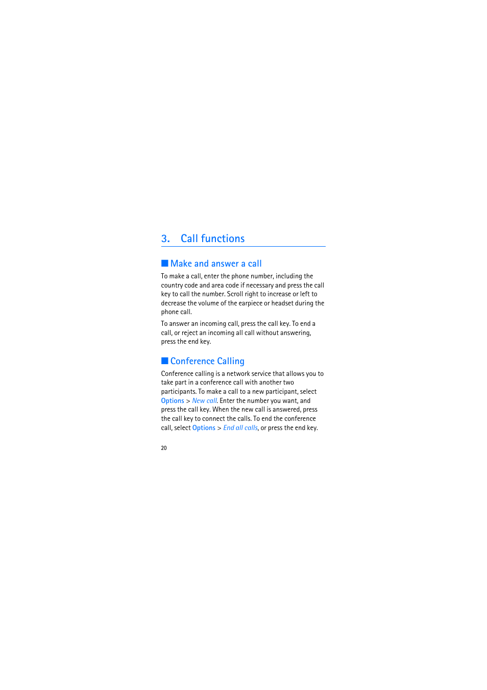 Call functions, Make and answer a call, Conference calling | Nokia 2135 User Manual | Page 20 / 71