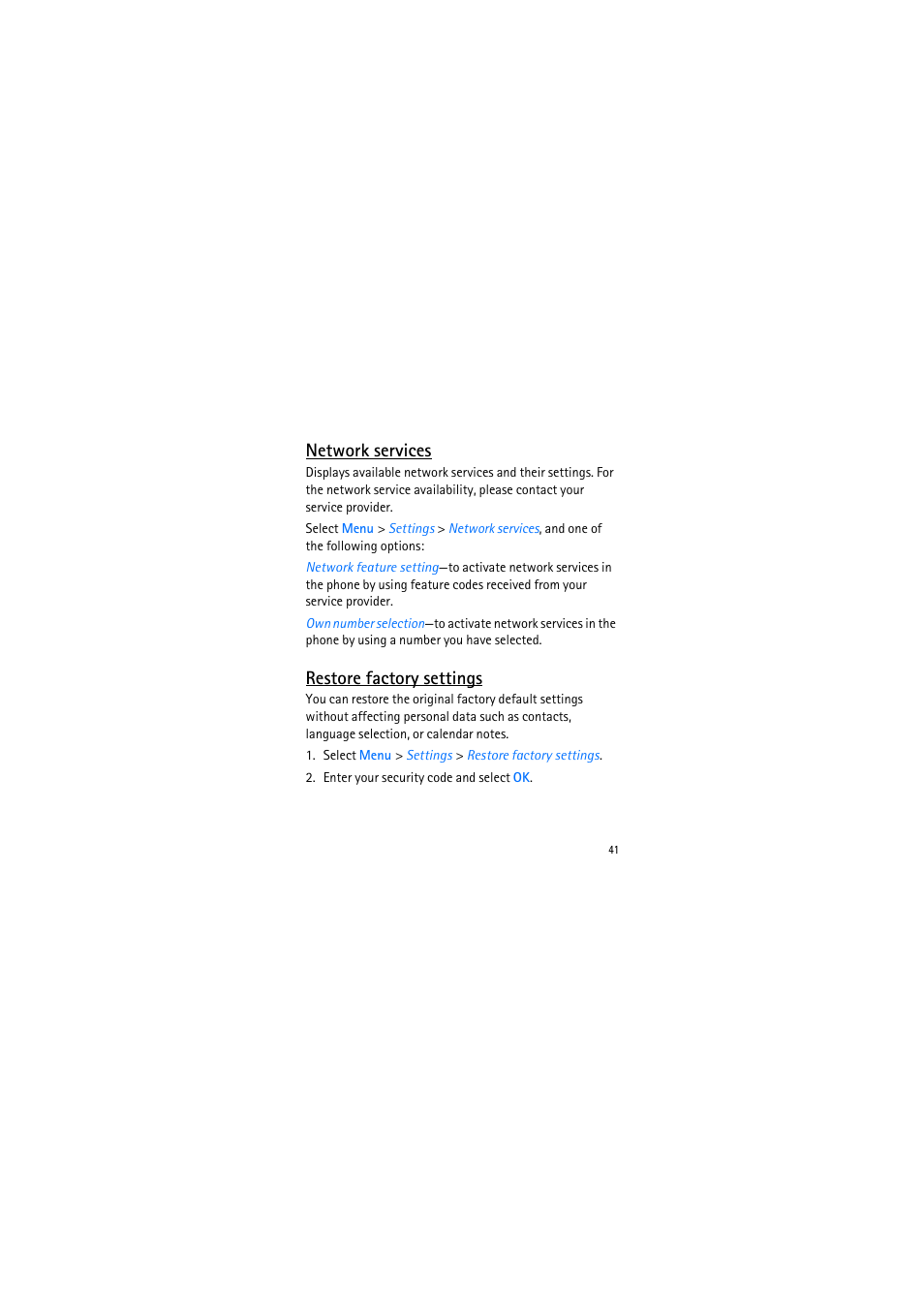 Network services, Restore factory settings | Nokia 2135 User Manual | Page 41 / 71
