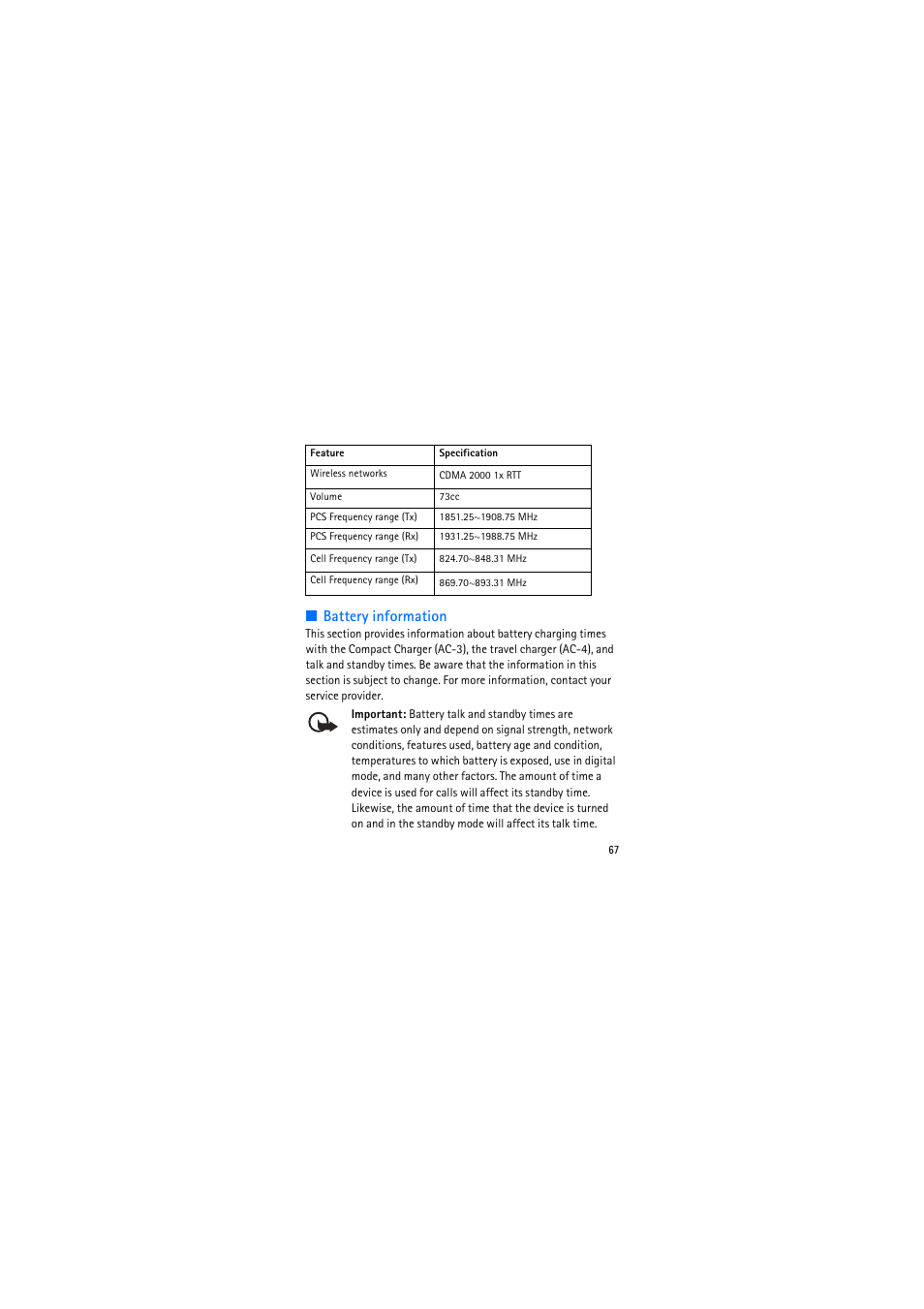 Battery information | Nokia 2135 User Manual | Page 67 / 71