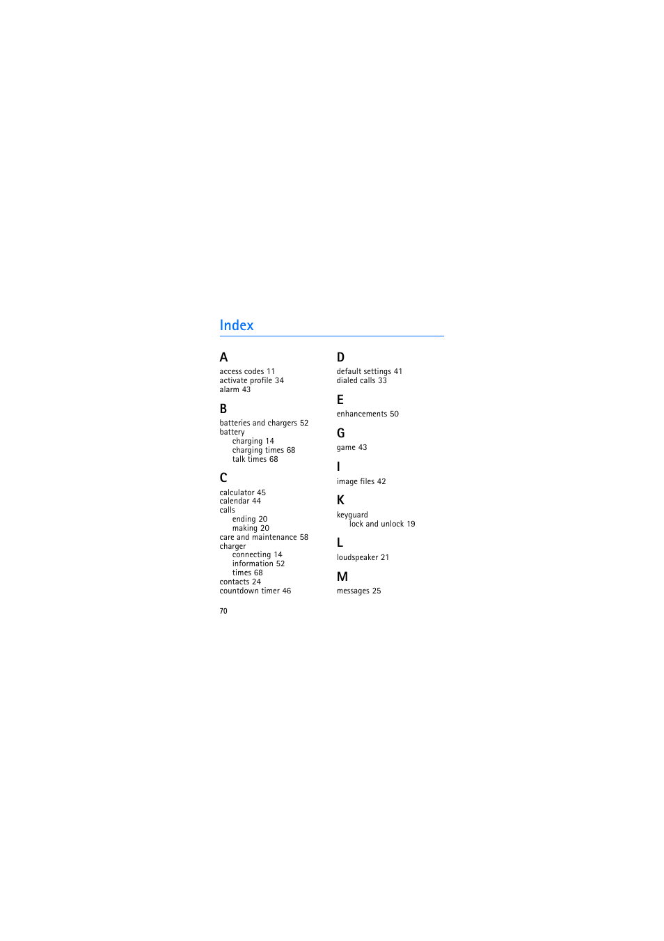 Index | Nokia 2135 User Manual | Page 70 / 71