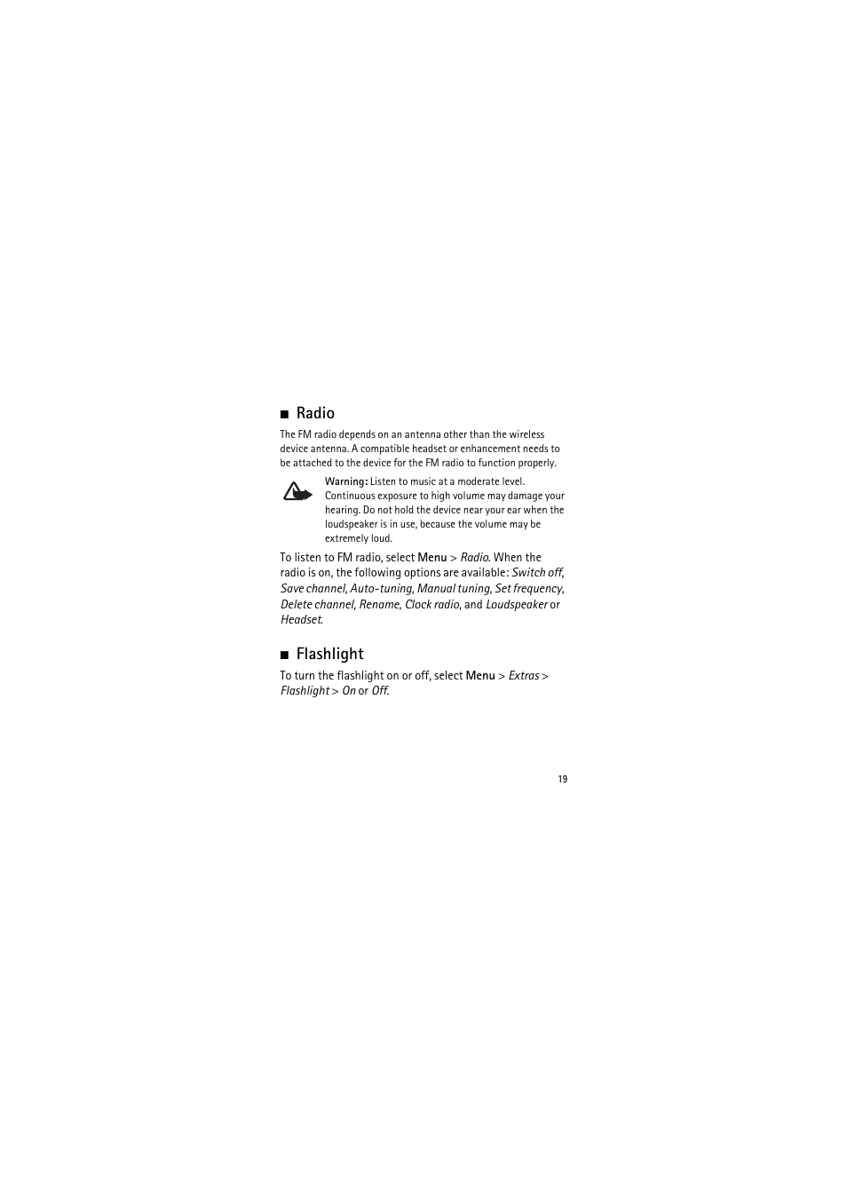 Radio, Flashlight, Radio flashlight | Nokia 1650 User Manual | Page 19 / 35