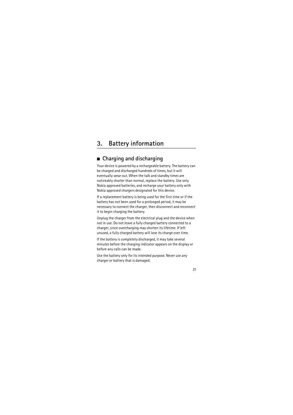 Battery information, Charging and discharging | Nokia 1650 User Manual | Page 21 / 35