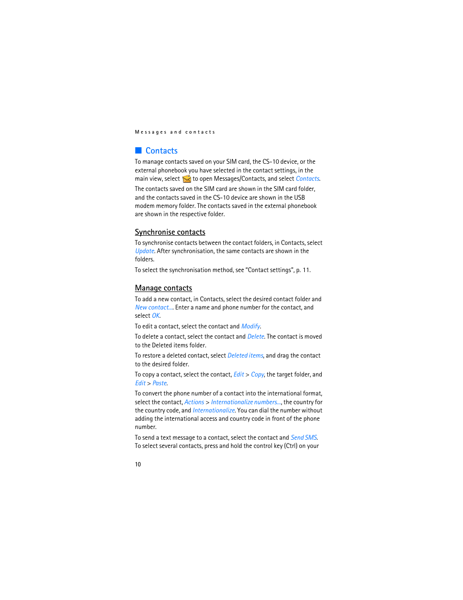 Contacts, Synchronise contacts, Manage contacts | Synchronise contacts manage contacts | Nokia 9214078 User Manual | Page 10 / 16