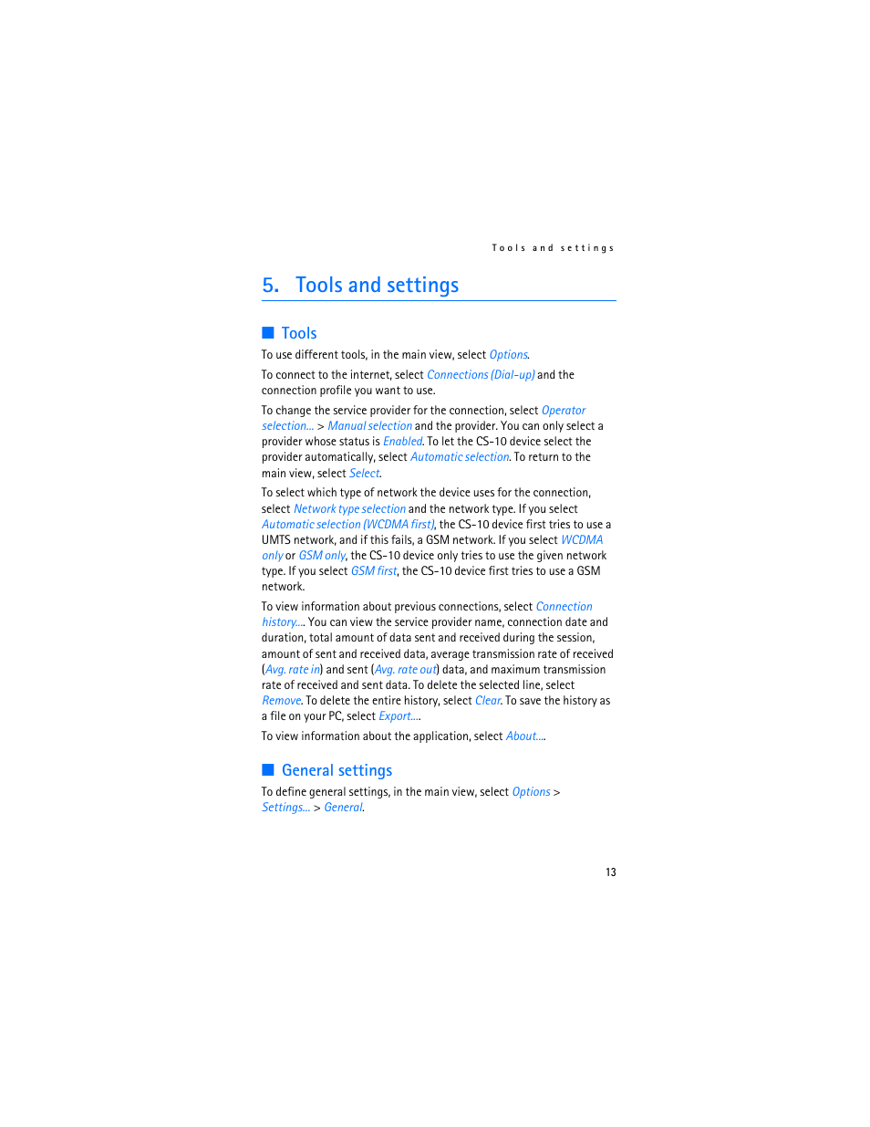 Tools and settings, Tools, General settings | Tools general settings | Nokia 9214078 User Manual | Page 13 / 16