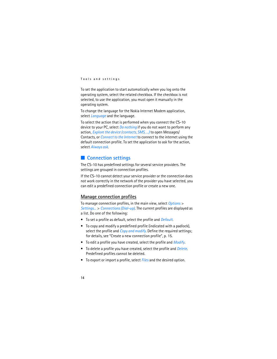 Connection settings, Manage connection profiles | Nokia 9214078 User Manual | Page 14 / 16
