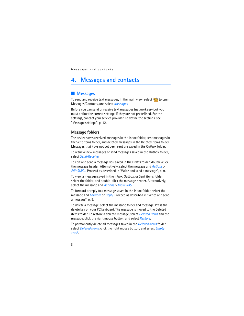 Messages and contacts, Messages, Message folders | Nokia 9214078 User Manual | Page 8 / 16