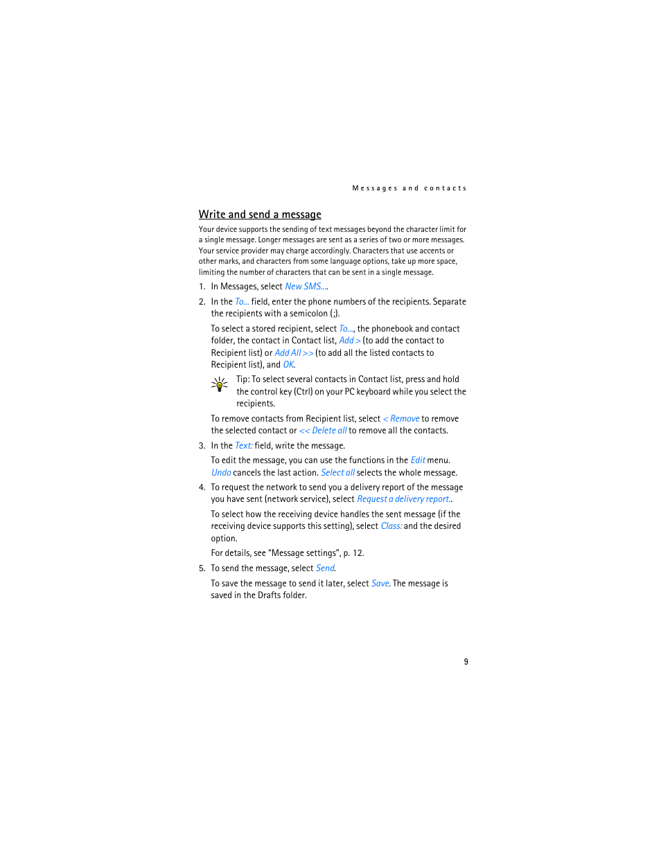 Write and send a message, Proceed as described in “write and send, A message | Nokia 9214078 User Manual | Page 9 / 16
