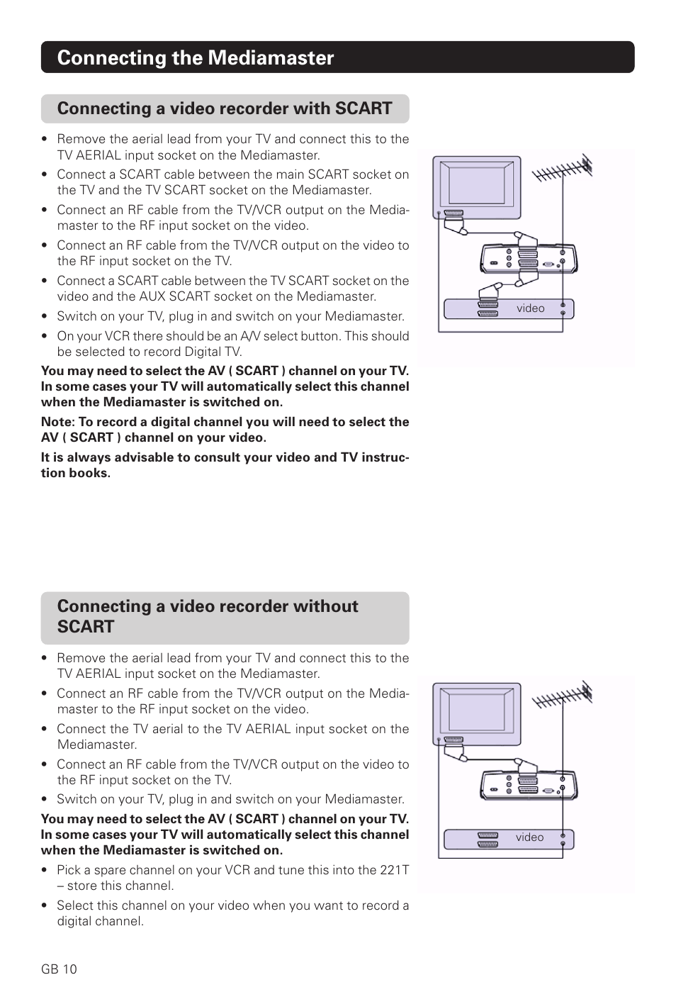 Connecting the mediamaster, Connecting a video recorder with scart, Connecting a video recorder without scart | Nokia 221 T User Manual | Page 10 / 34