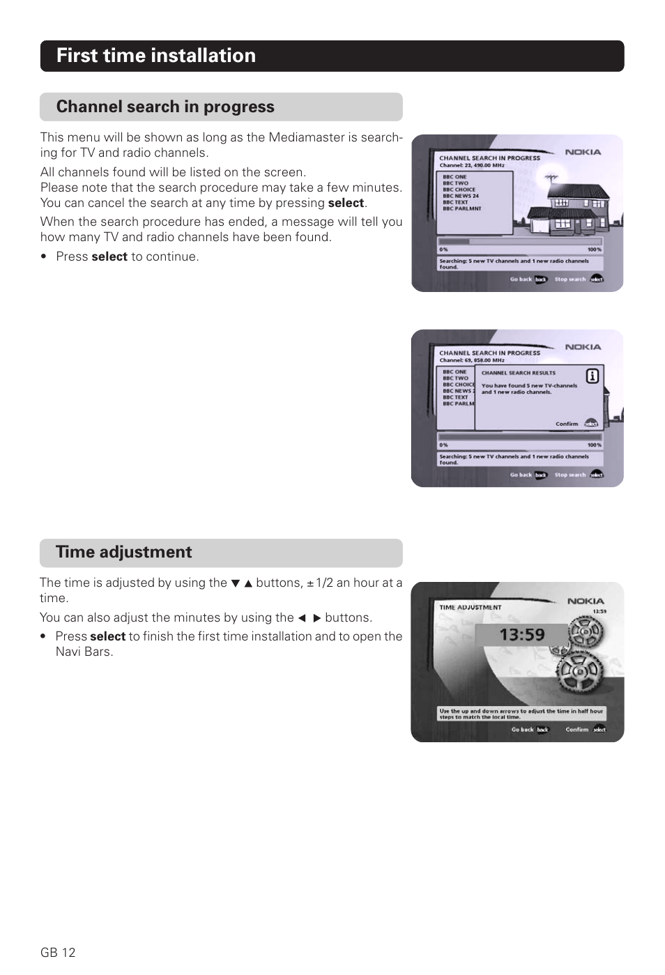 First time installation, Channel search in progress, Time adjustment | Nokia 221 T User Manual | Page 12 / 34
