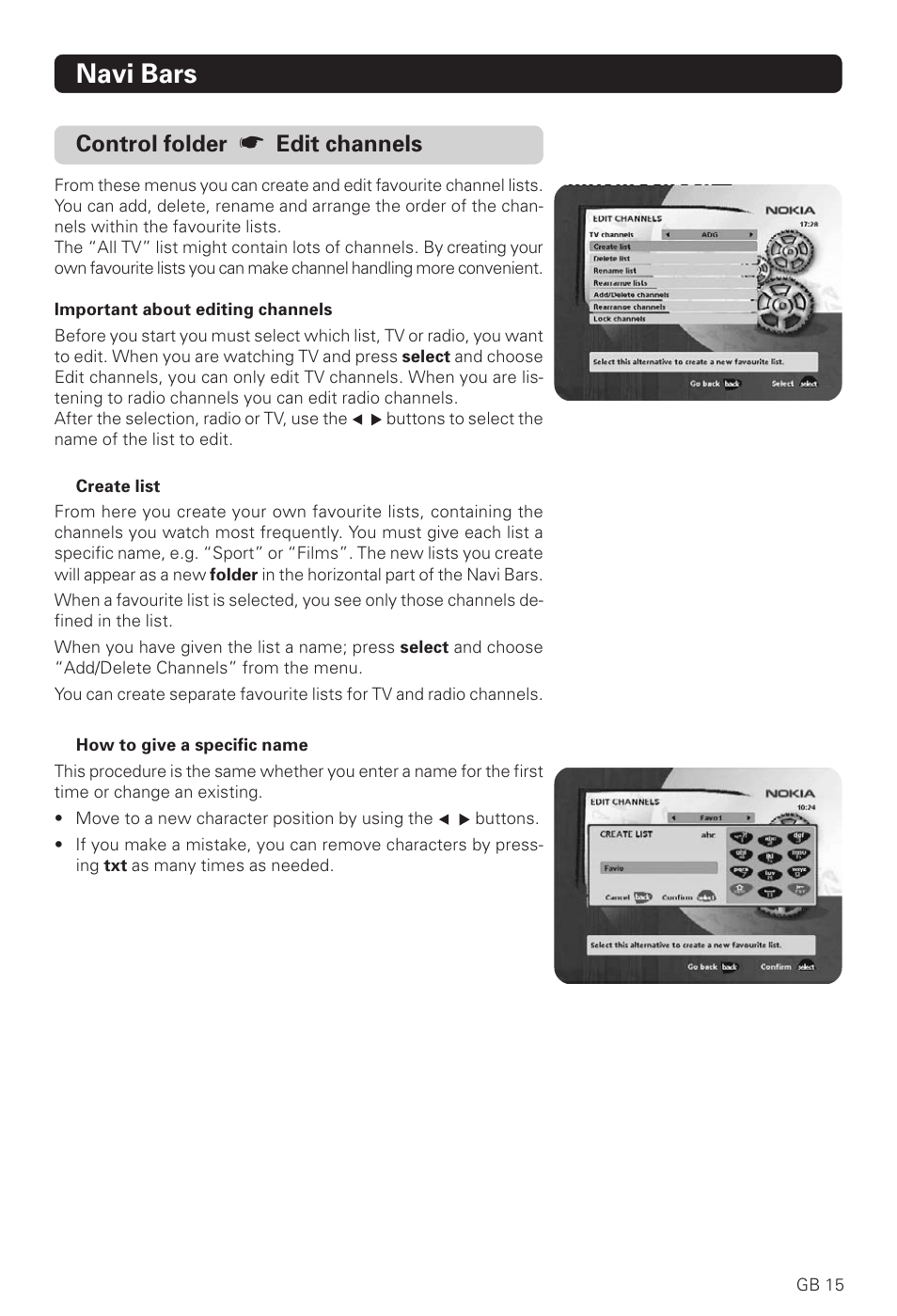 Navi bars, Control folder, Edit channels | Nokia 221 T User Manual | Page 15 / 34