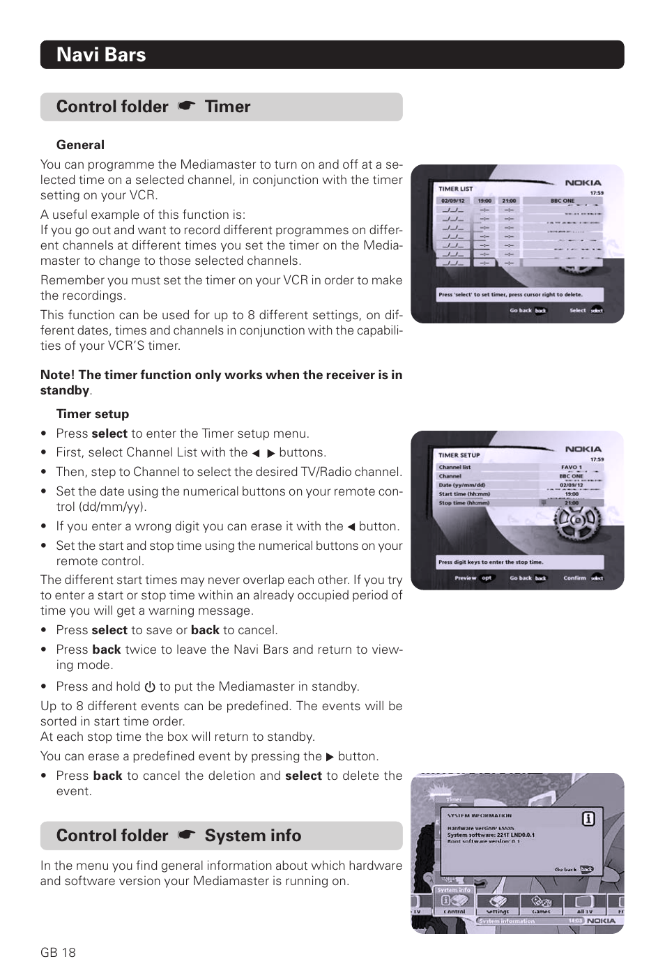 Navi bars, Control folder, Timer | System info | Nokia 221 T User Manual | Page 18 / 34