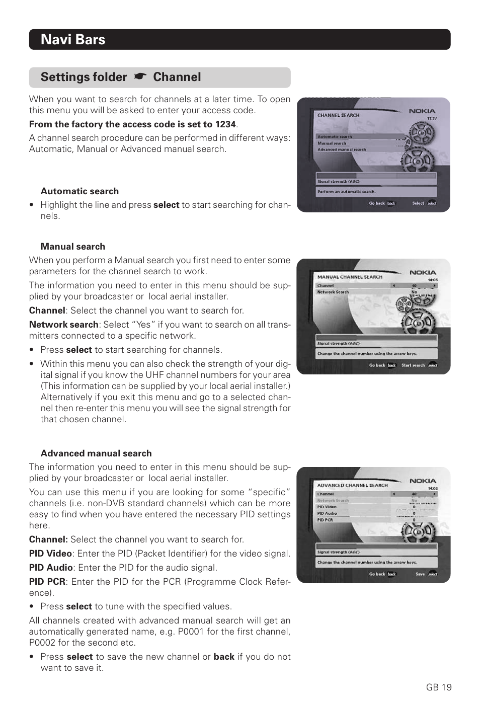 Navi bars, Settings folder, Channel | Nokia 221 T User Manual | Page 19 / 34