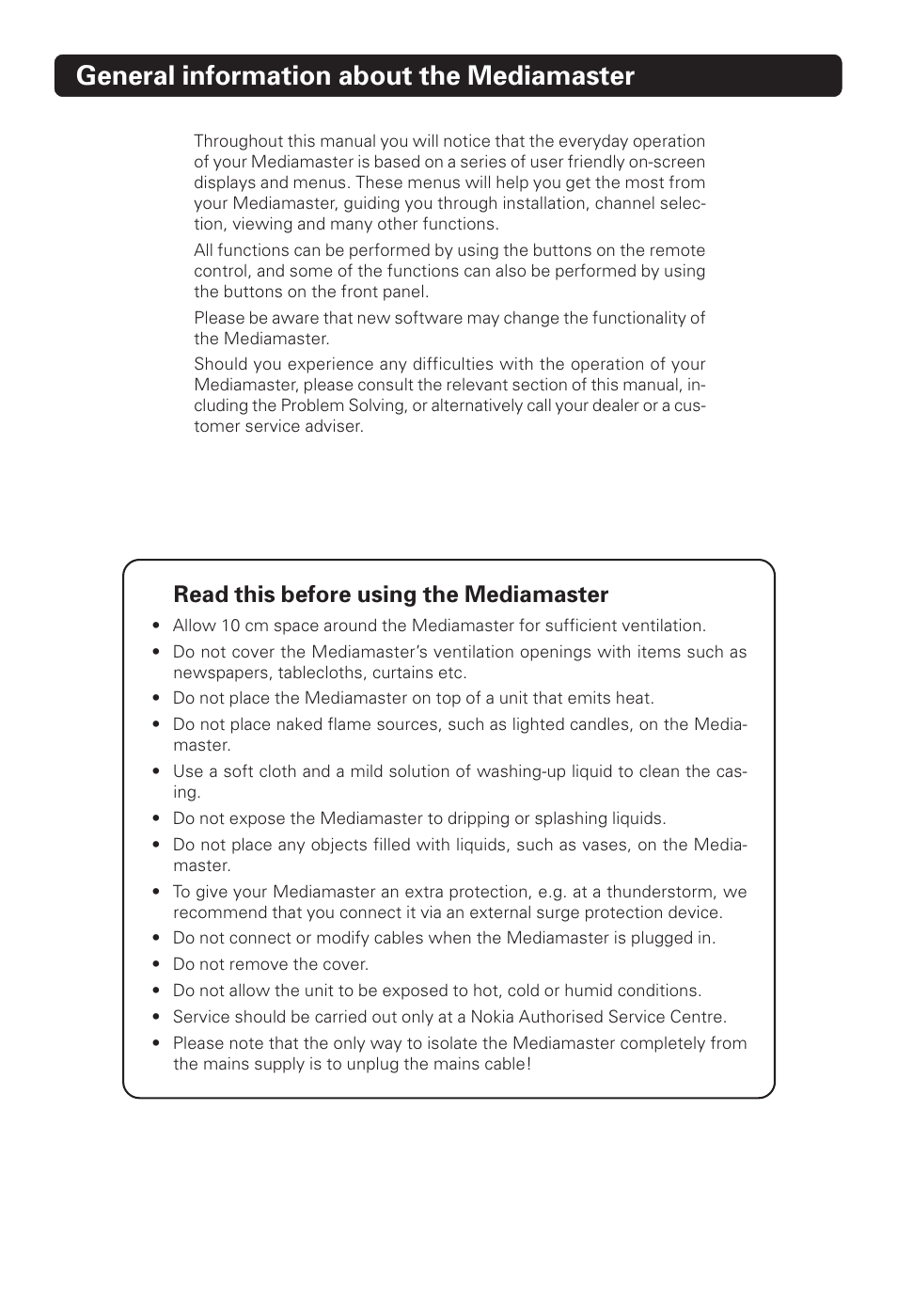 General information about the mediamaster, Read this before using the mediamaster | Nokia 221 T User Manual | Page 2 / 34
