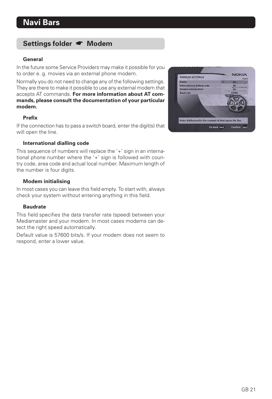 Navi bars, Settings folder, Modem | Nokia 221 T User Manual | Page 21 / 34