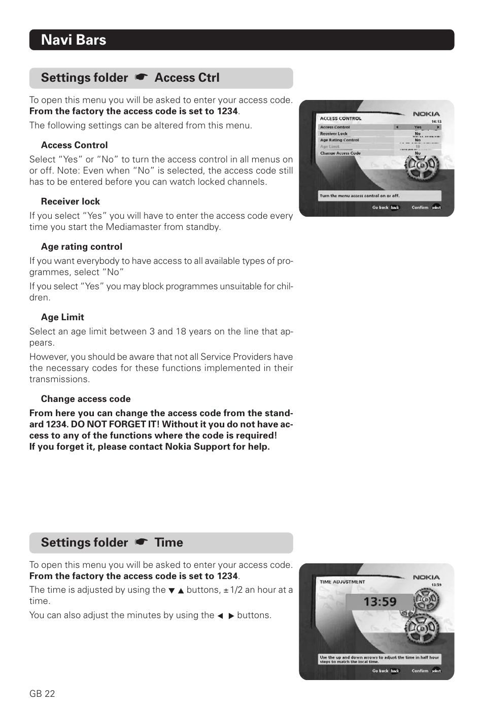 Navi bars, Settings folder, Access ctrl | Time | Nokia 221 T User Manual | Page 22 / 34