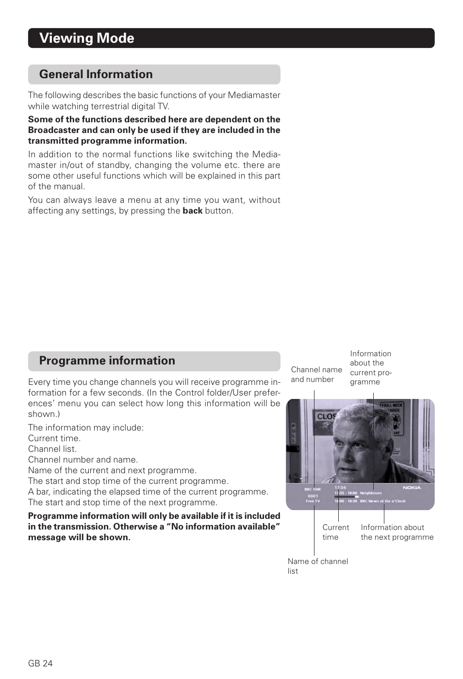 Viewing mode, Programme information, General information | Nokia 221 T User Manual | Page 24 / 34