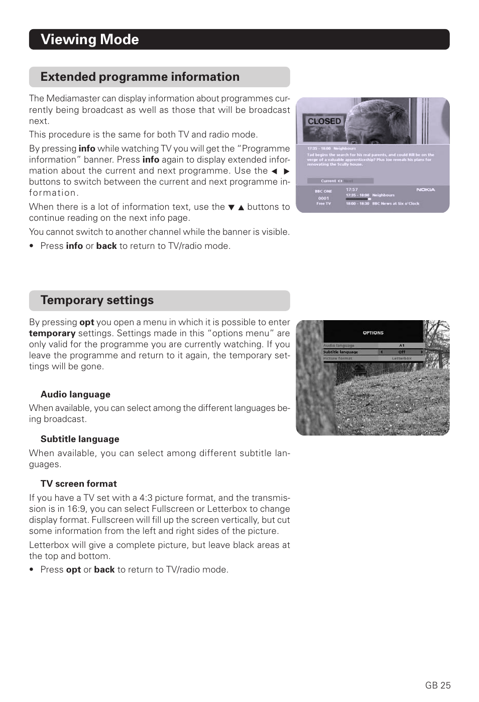 Viewing mode, Extended programme information, Temporary settings | Nokia 221 T User Manual | Page 25 / 34