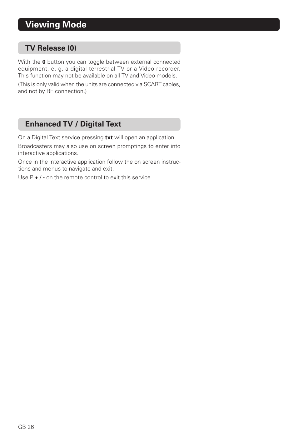 Viewing mode, Enhanced tv / digital text, Tv release (0) | Nokia 221 T User Manual | Page 26 / 34
