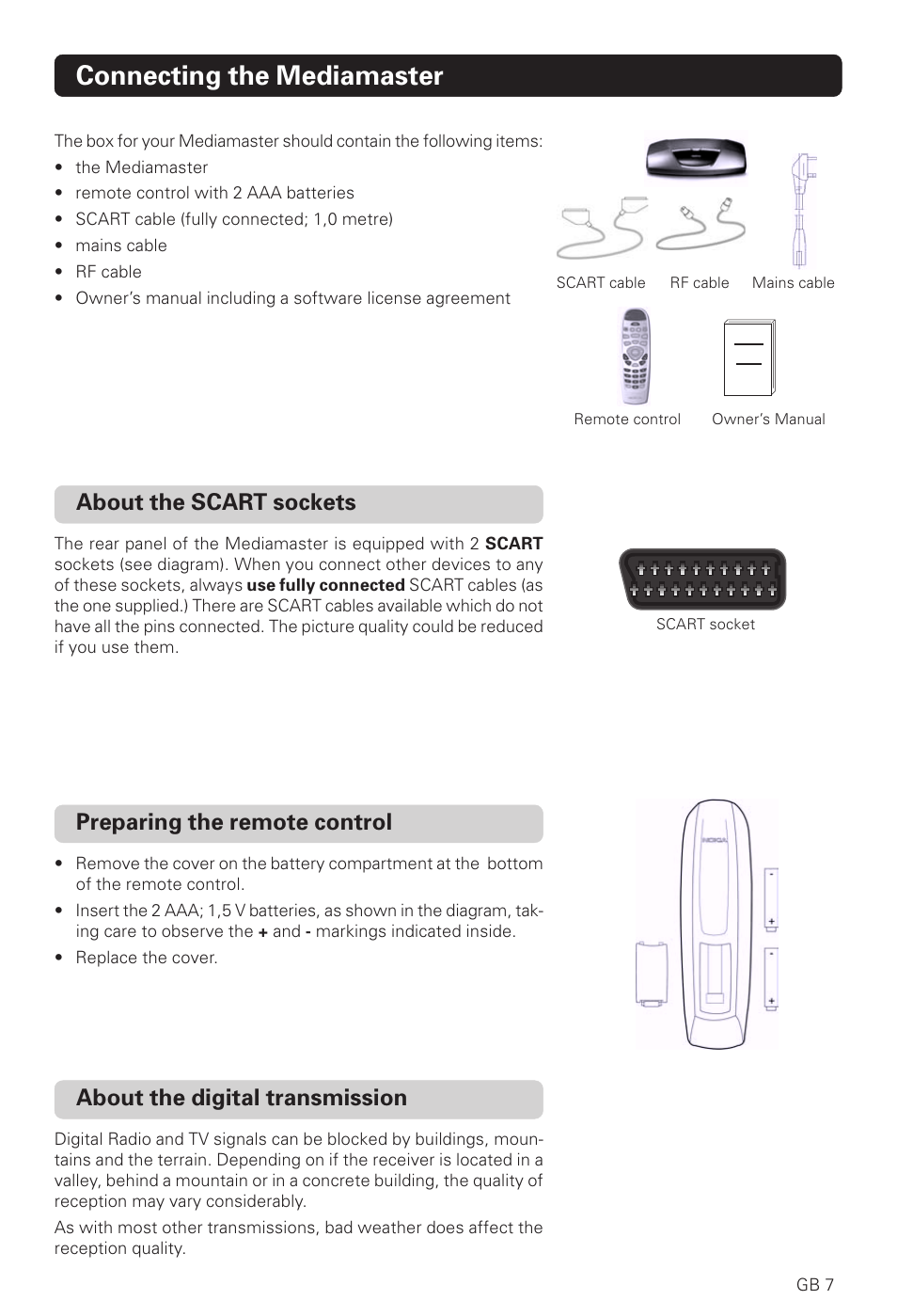 Connecting the mediamaster, Preparing the remote control, About the digital transmission | About the scart sockets | Nokia 221 T User Manual | Page 7 / 34