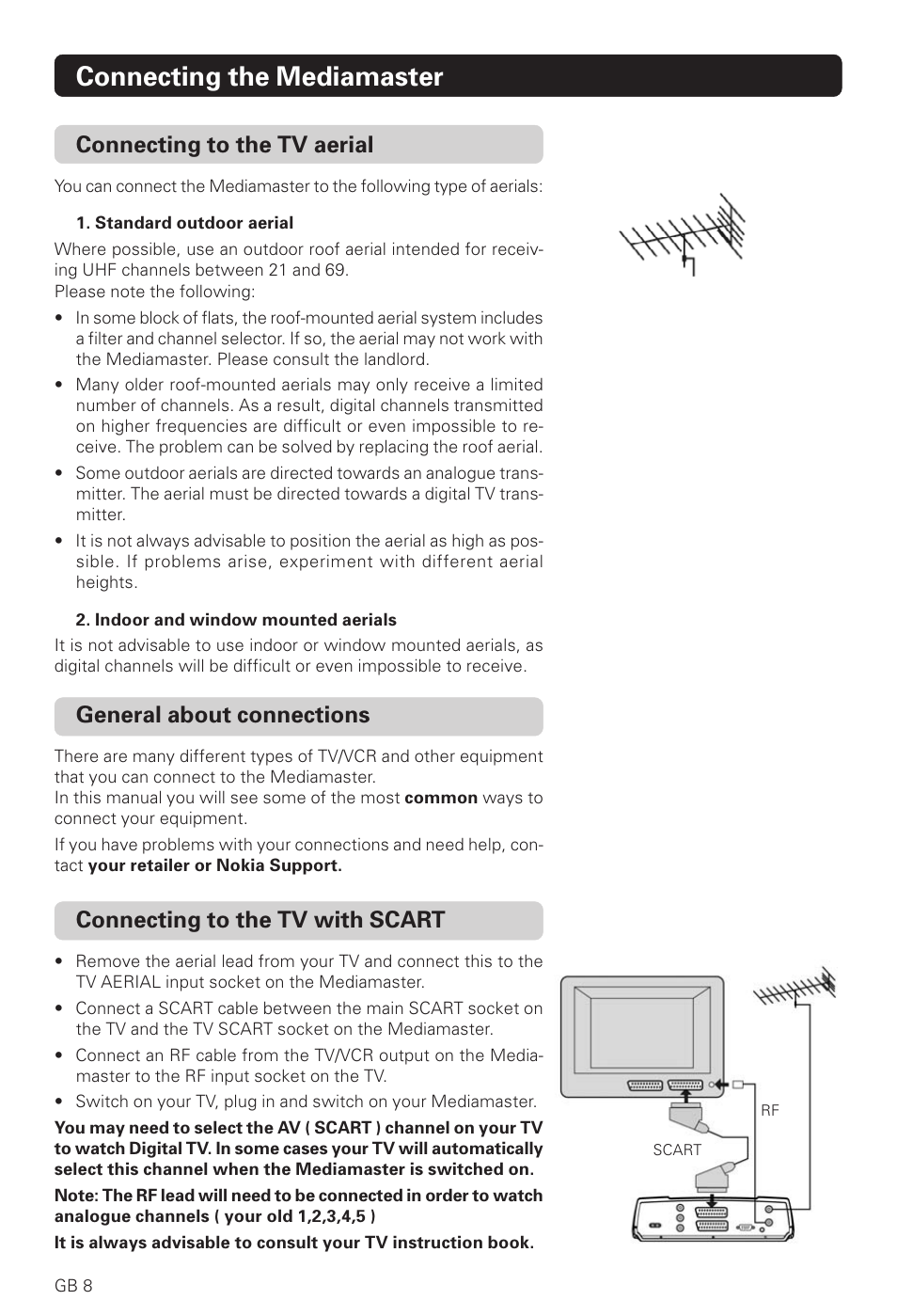 Connecting the mediamaster, Connecting to the tv aerial, General about connections | Connecting to the tv with scart | Nokia 221 T User Manual | Page 8 / 34
