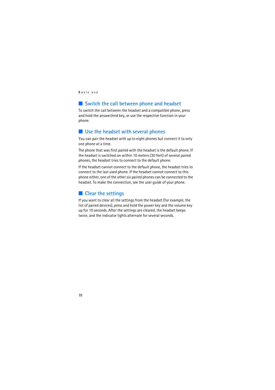 Switch the call between phone and headset, Use the headset with several phones, Clear the settings | Nokia BH-200 User Manual | Page 10 / 12