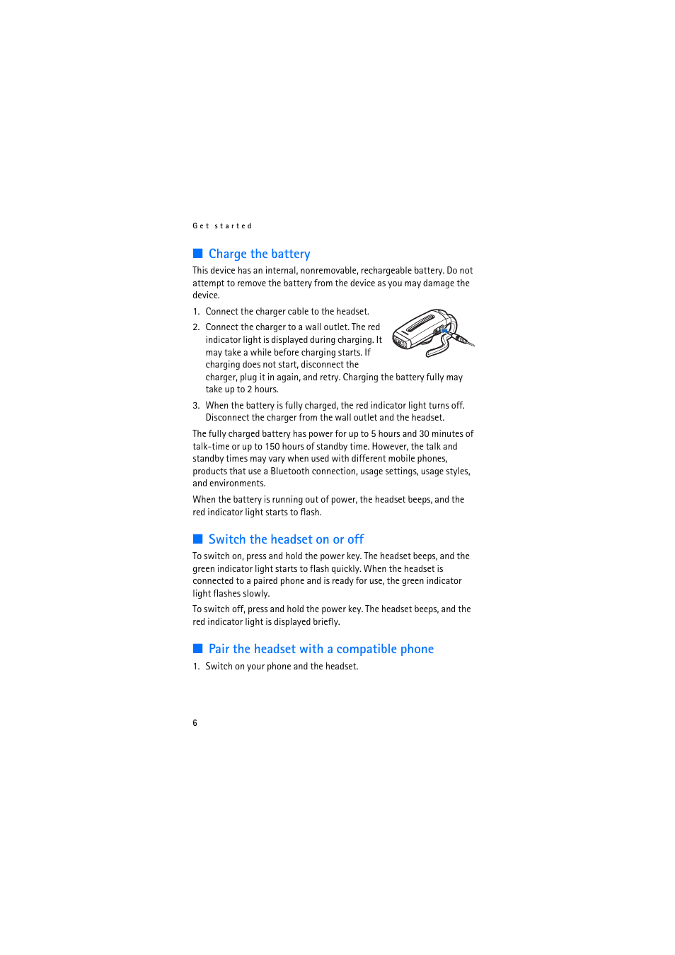 Charge the battery, Switch the headset on or off, Pair the headset with a compatible phone | Nokia BH-200 User Manual | Page 6 / 12
