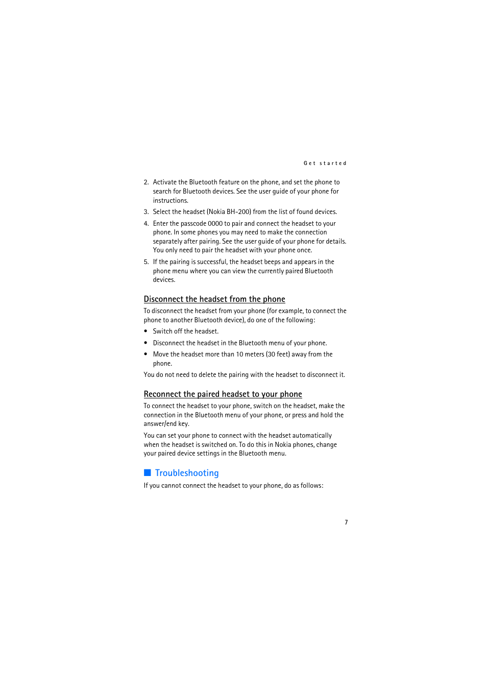 Disconnect the headset from the phone, Reconnect the paired headset to your phone, Troubleshooting | Nokia BH-200 User Manual | Page 7 / 12