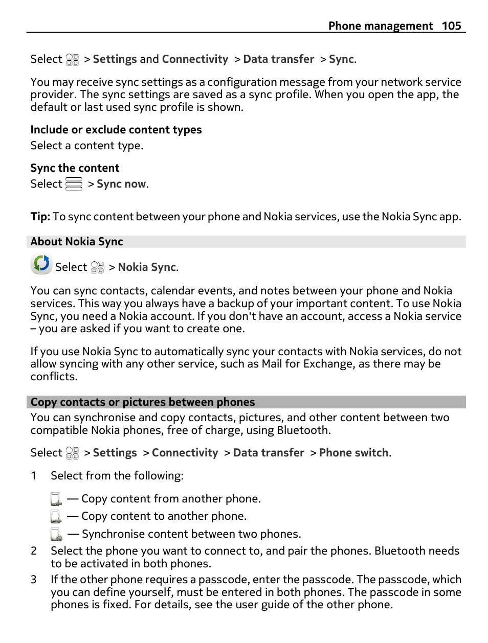 About nokia sync, Copy contacts or pictures between phones, Copy contacts or pictures between | Phones | Nokia 500 User Manual | Page 105 / 128