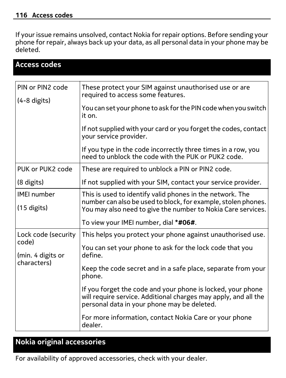 Access codes, Nokia original accessories | Nokia 500 User Manual | Page 116 / 128