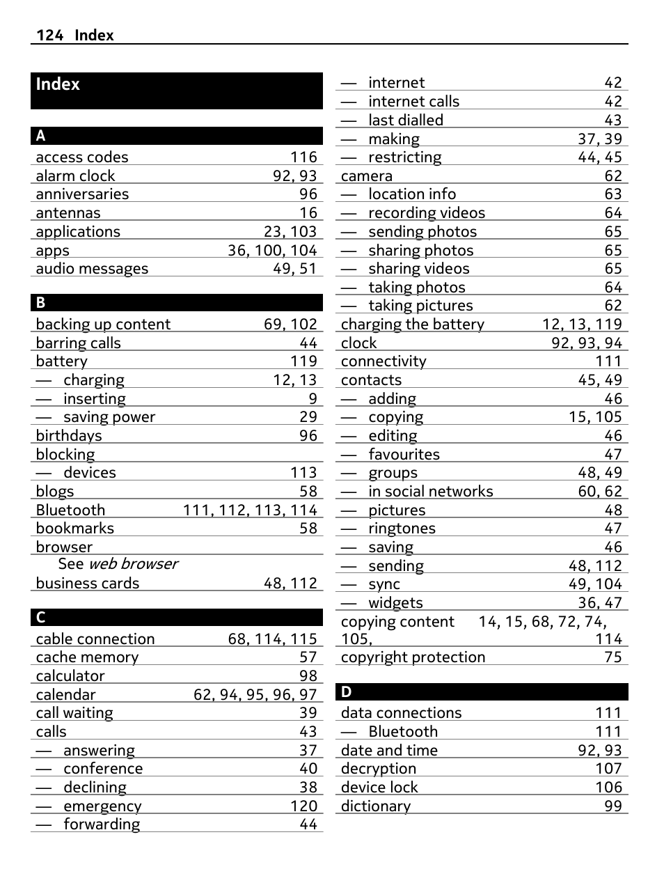 Index | Nokia 500 User Manual | Page 124 / 128