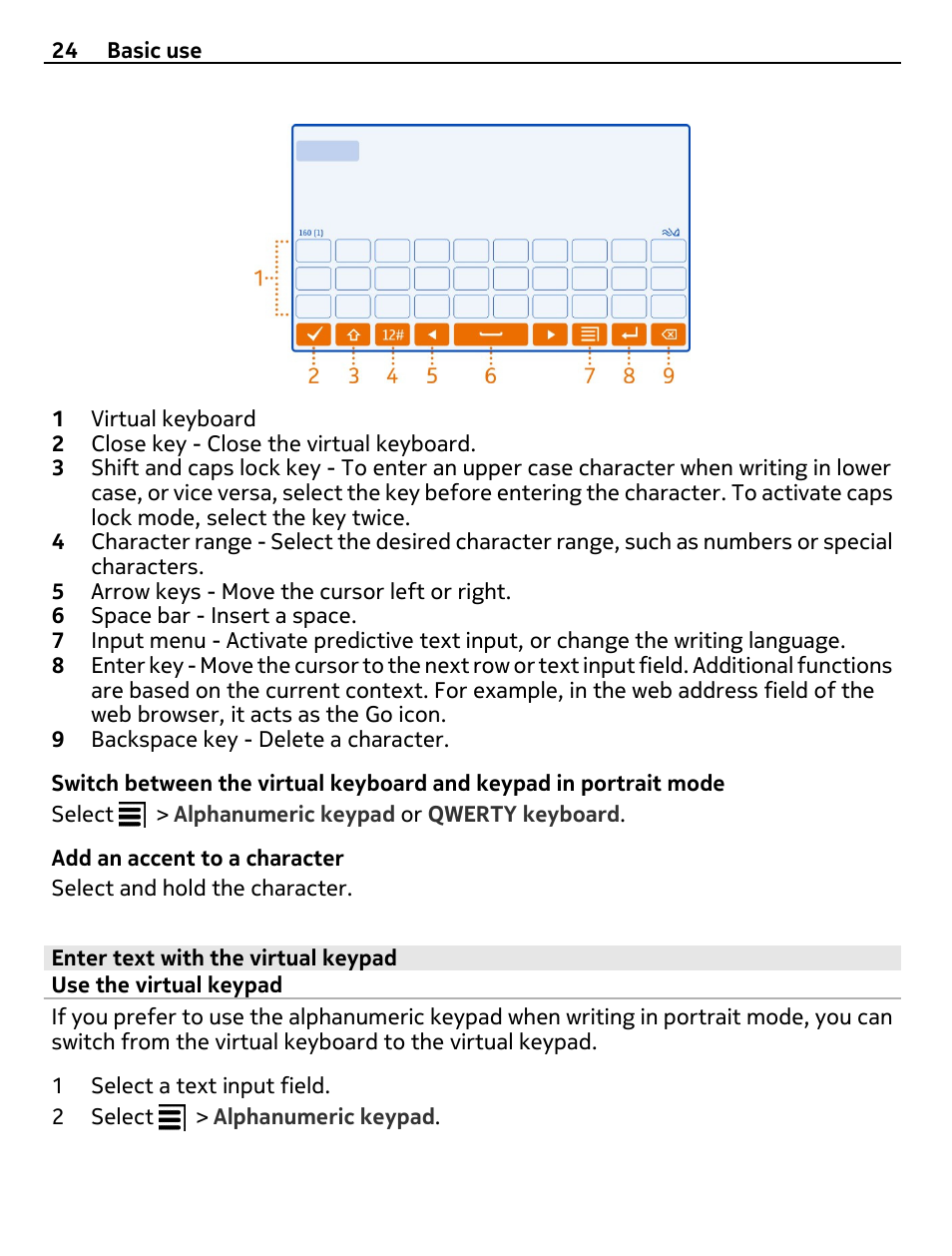 Enter text with the virtual keypad, Use the virtual keypad | Nokia 500 User Manual | Page 24 / 128