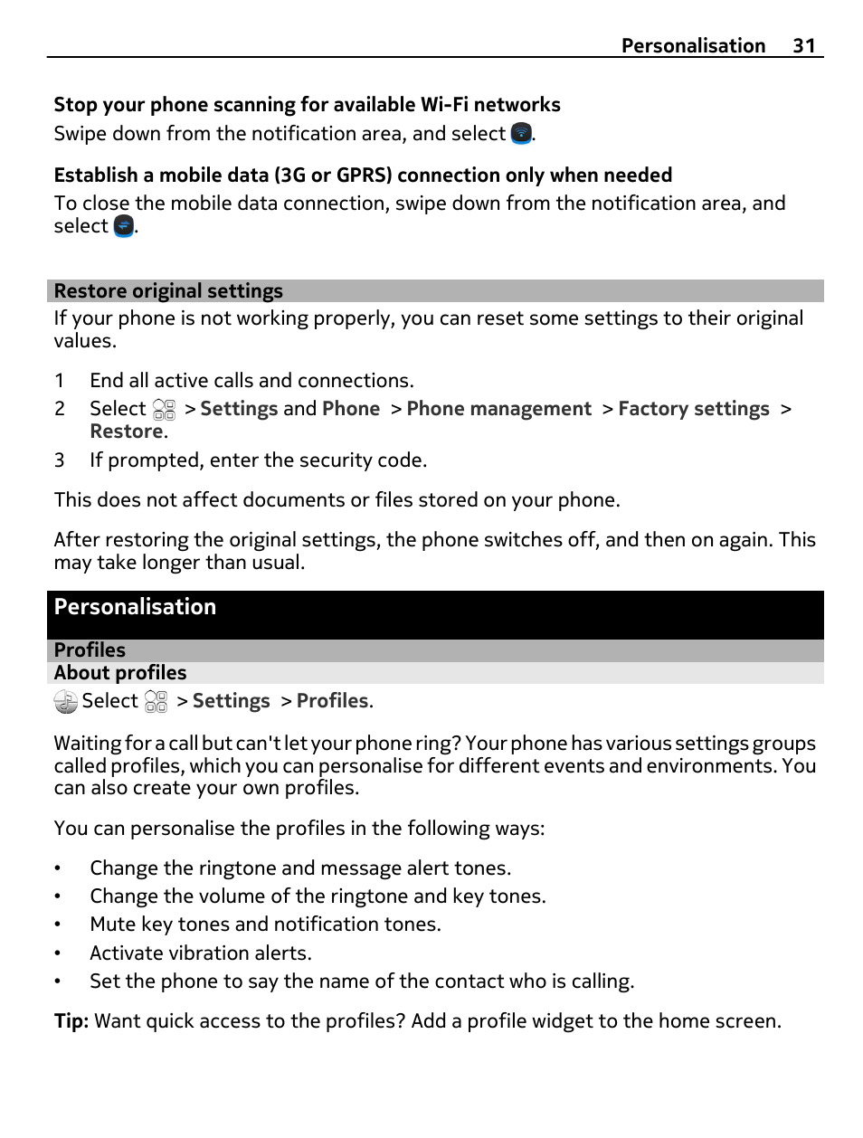 Restore original settings, Personalisation, Profiles | About profiles | Nokia 500 User Manual | Page 31 / 128