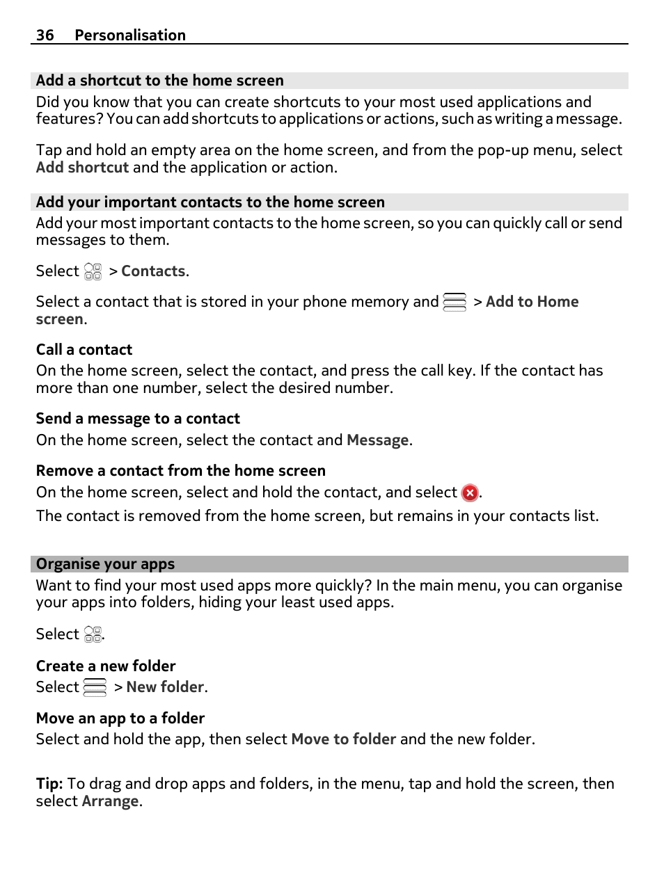 Add a shortcut to the home screen, Add your important contacts to the home screen, Organise your apps | Nokia 500 User Manual | Page 36 / 128