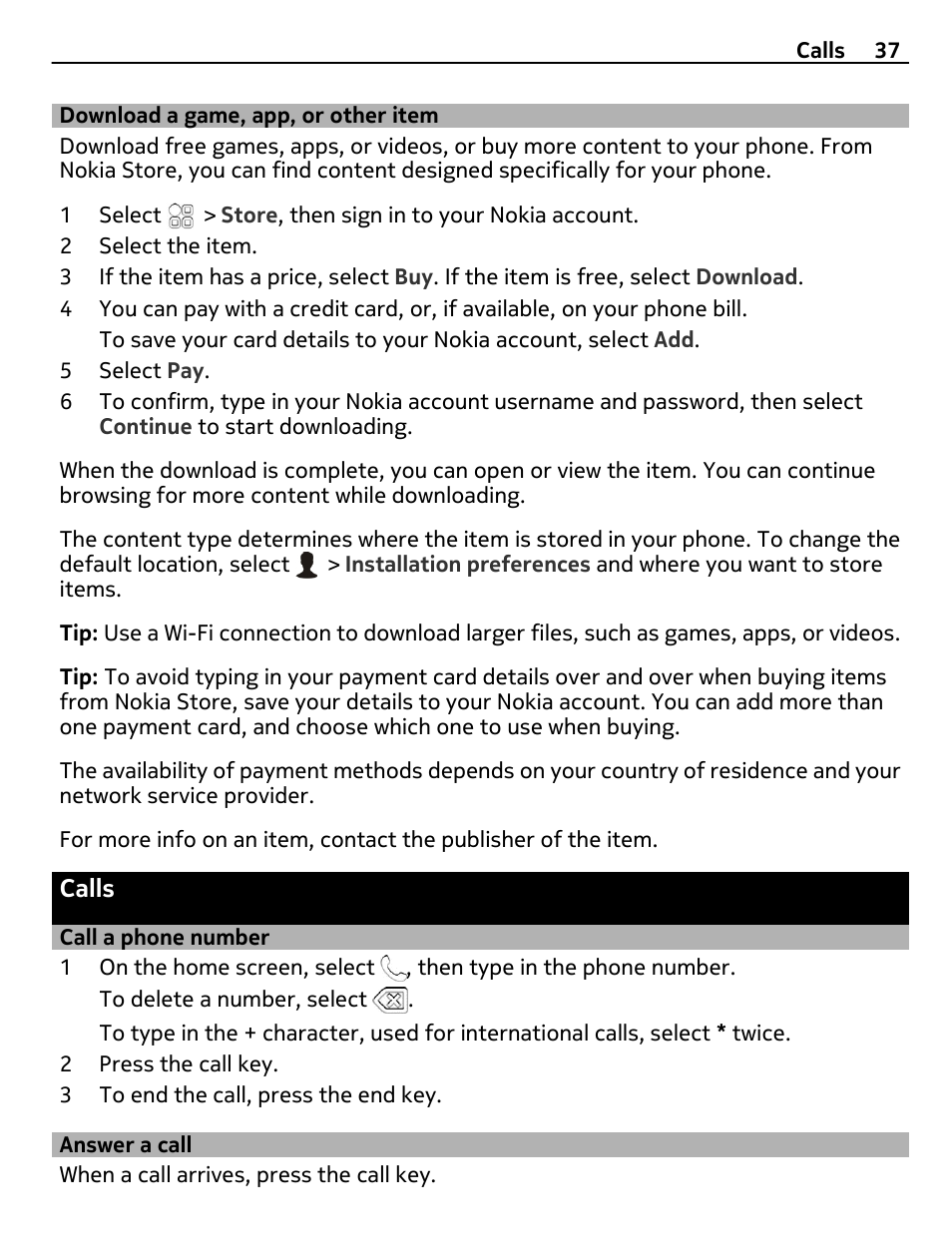 Download a game, app, or other item, Calls, Call a phone number | Answer a call, Download a game, app, or other, Item | Nokia 500 User Manual | Page 37 / 128