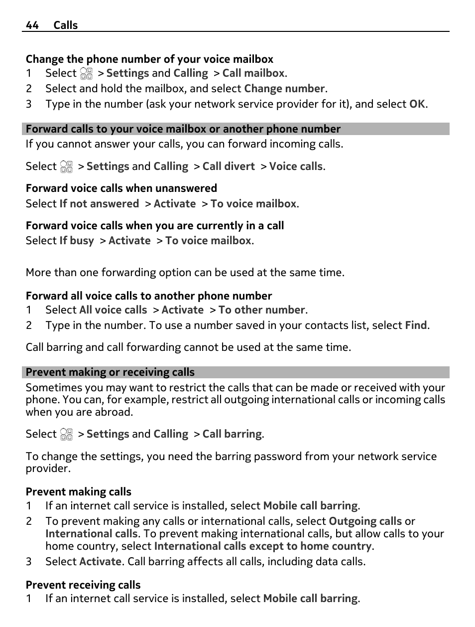 Prevent making or receiving calls, Forward calls to your voice mailbox or, Another phone number | Nokia 500 User Manual | Page 44 / 128