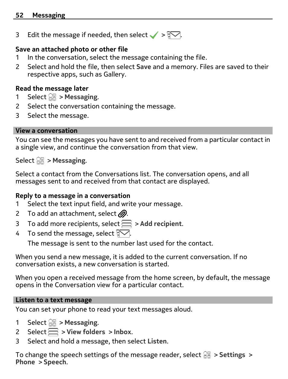 View a conversation, Listen to a text message | Nokia 500 User Manual | Page 52 / 128