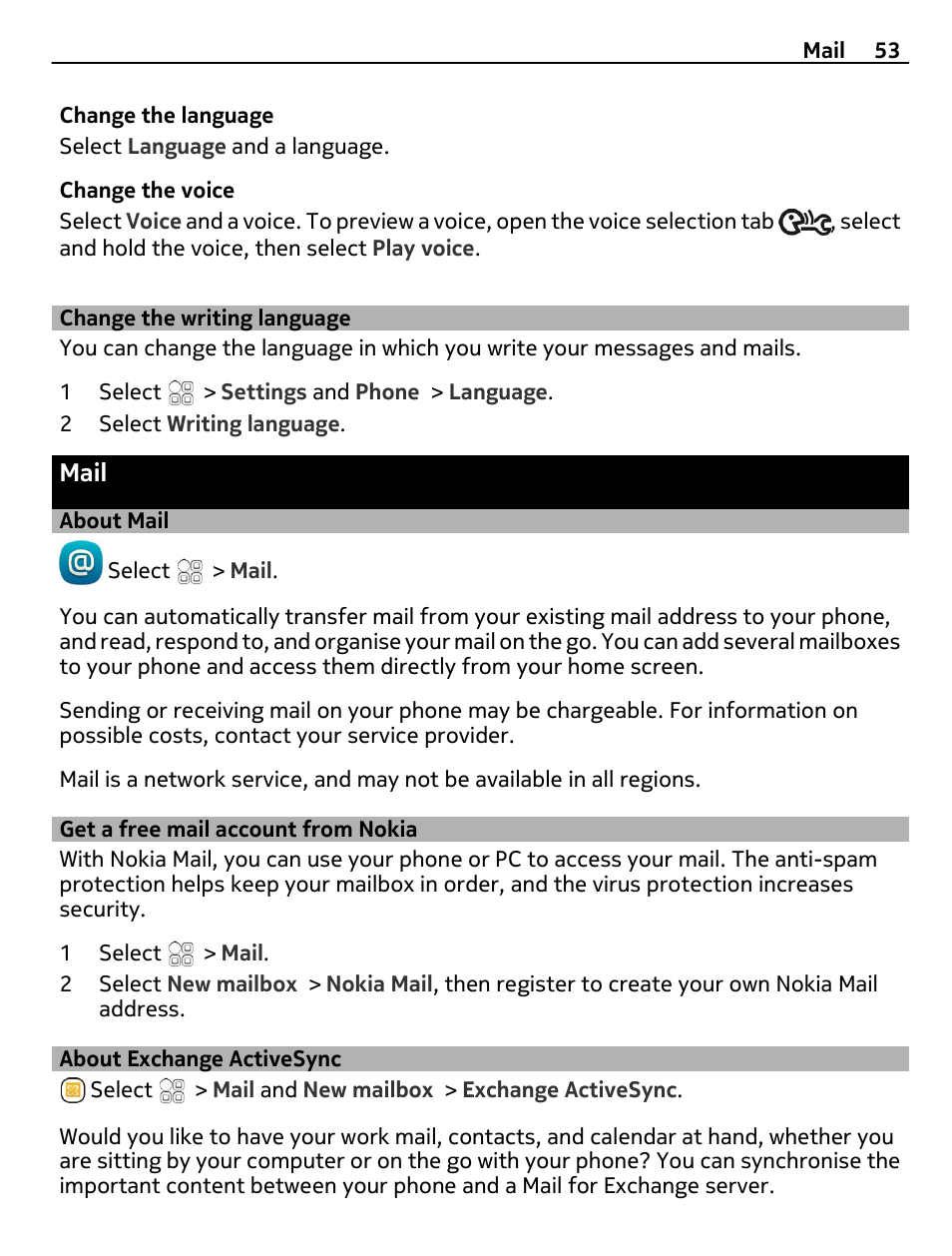 Change the writing language, Mail, About mail | Get a free mail account from nokia, About exchange activesync, Get a free mail account from nokia 53 | Nokia 500 User Manual | Page 53 / 128