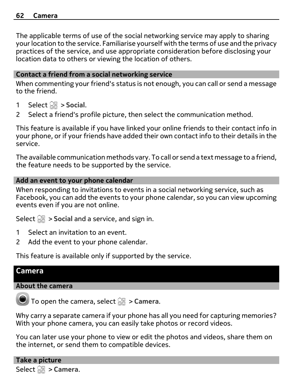 Contact a friend from a social networking service, Add an event to your phone calendar, Camera | About the camera, Take a picture, Contact a friend from a social, Networking service, Add an event to your phone calendar 62 | Nokia 500 User Manual | Page 62 / 128