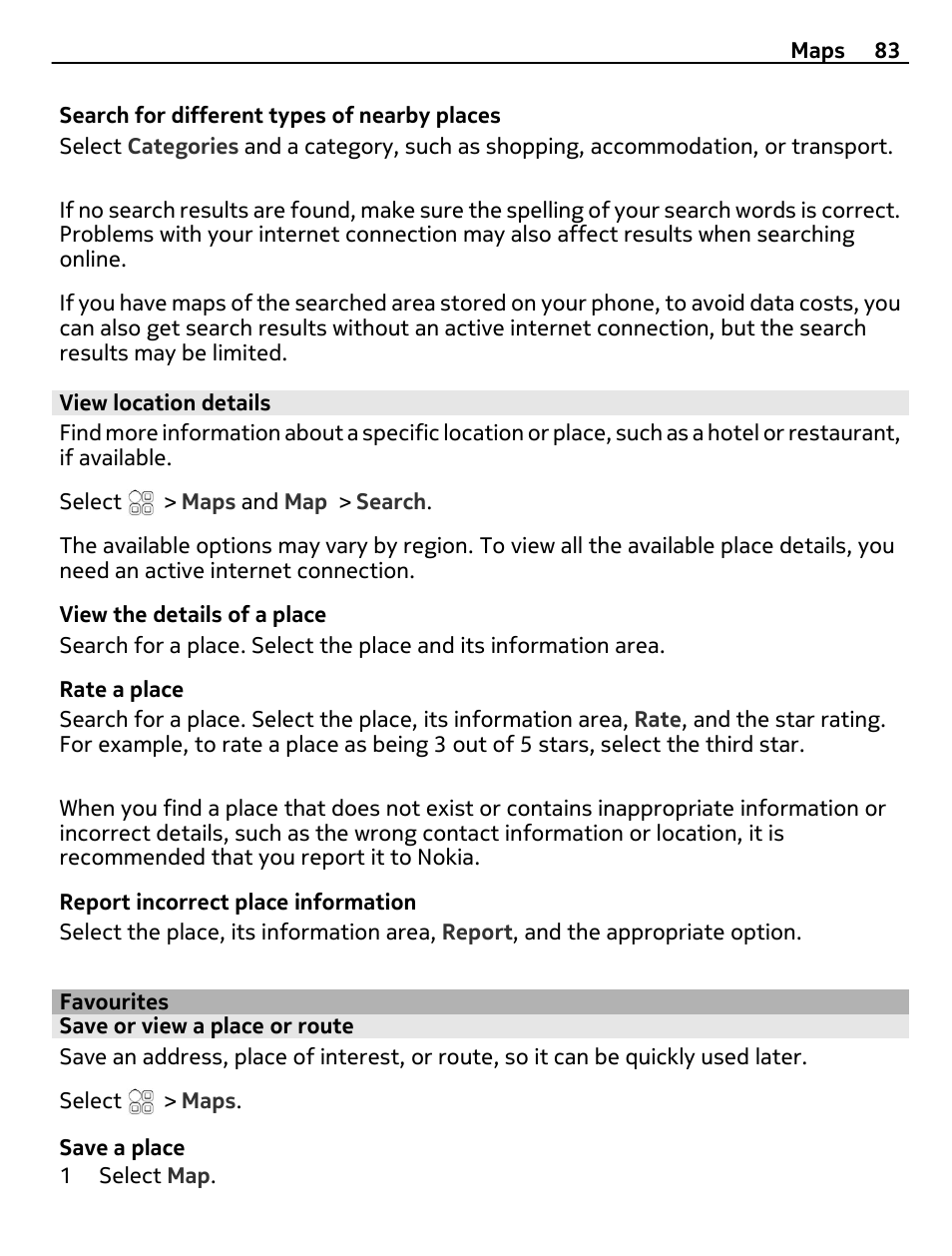 View location details, Favourites, Save or view a place or route | Nokia 500 User Manual | Page 83 / 128