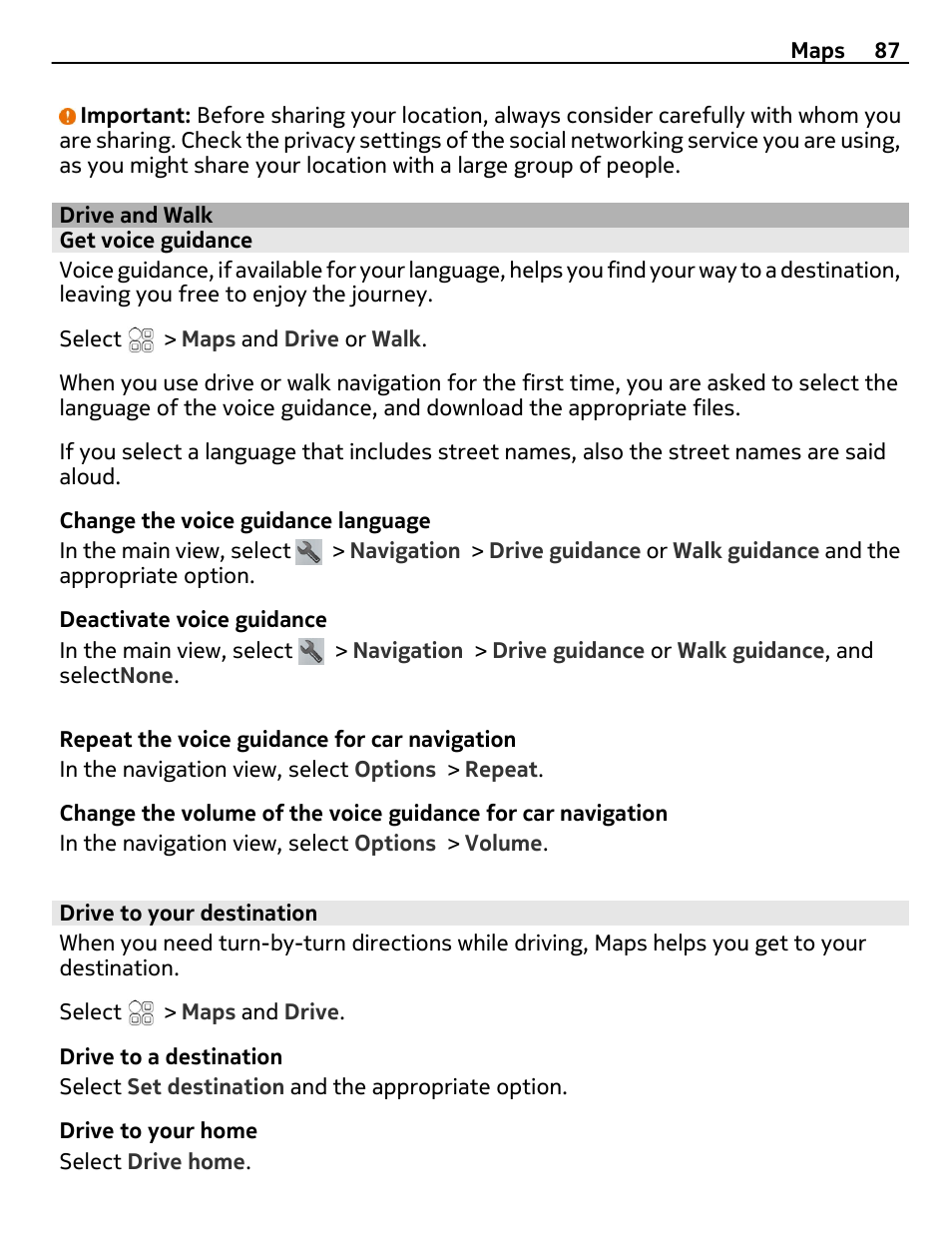 Drive and walk, Get voice guidance, Drive to your destination | Nokia 500 User Manual | Page 87 / 128