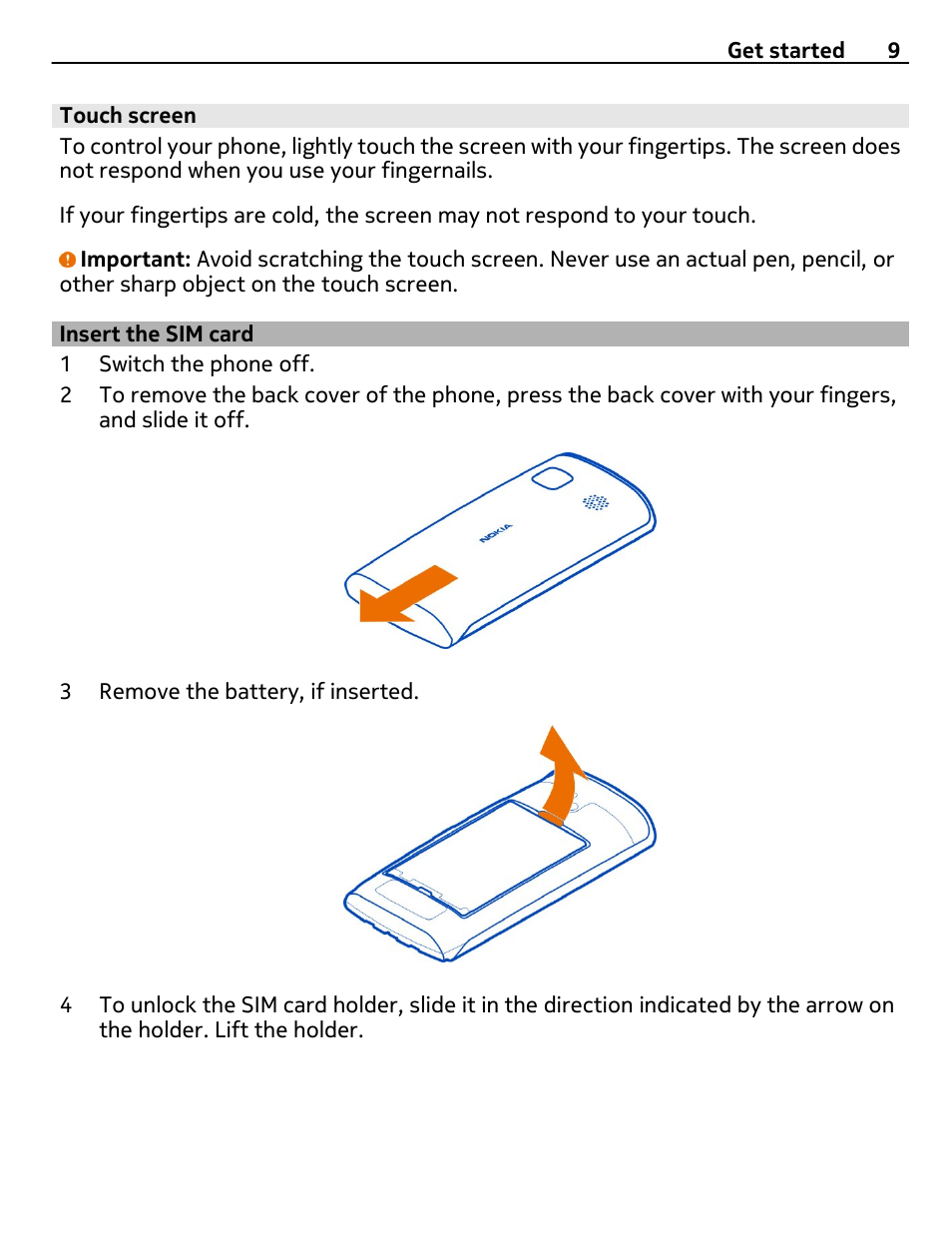 Touch screen, Insert the sim card | Nokia 500 User Manual | Page 9 / 128