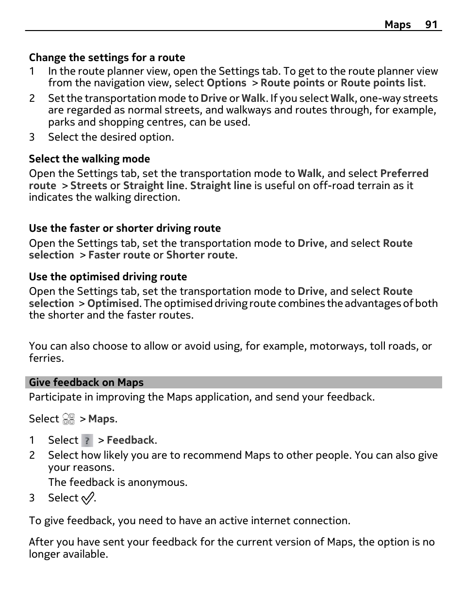 Give feedback on maps | Nokia 500 User Manual | Page 91 / 128