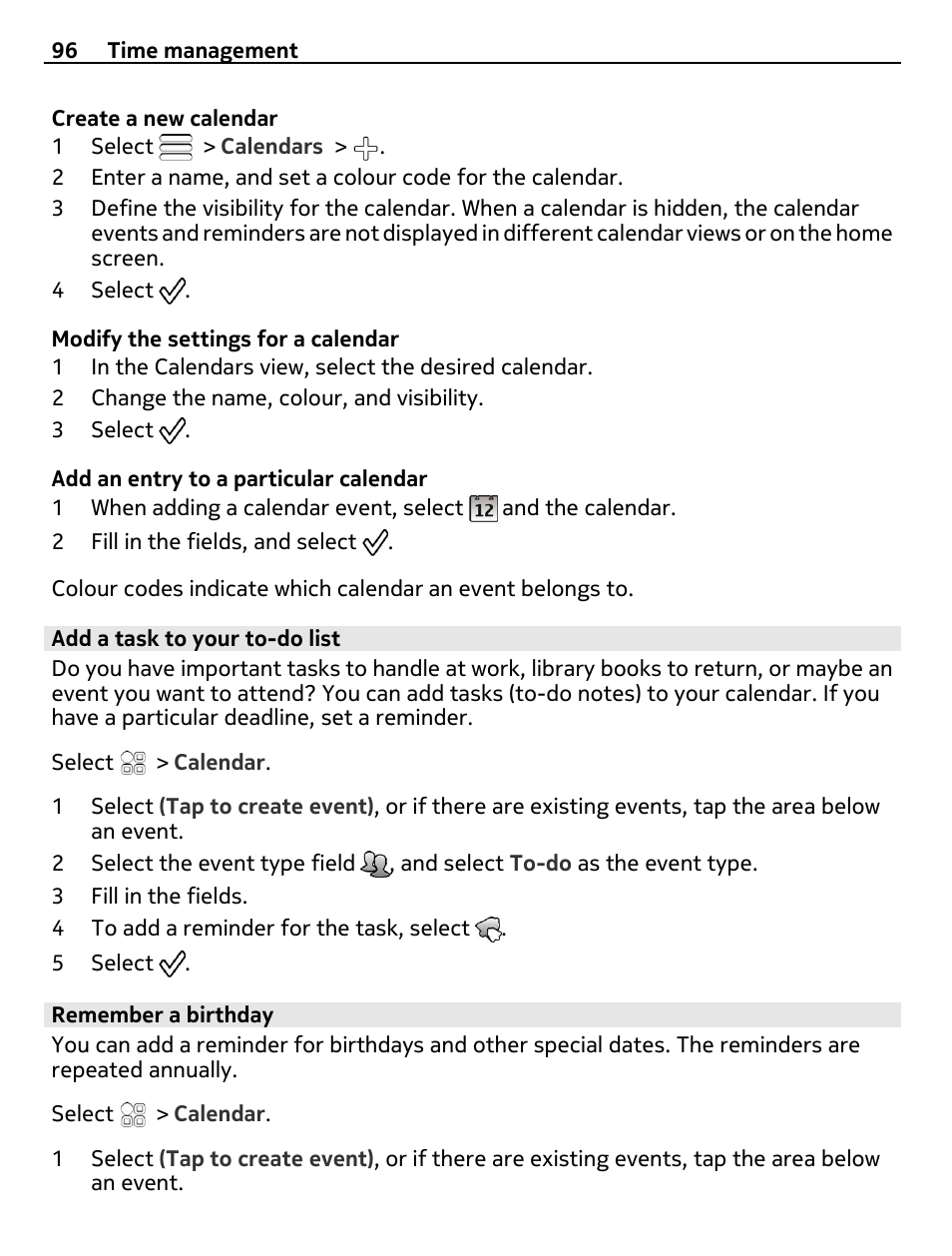 Add a task to your to-do list, Remember a birthday | Nokia 500 User Manual | Page 96 / 128