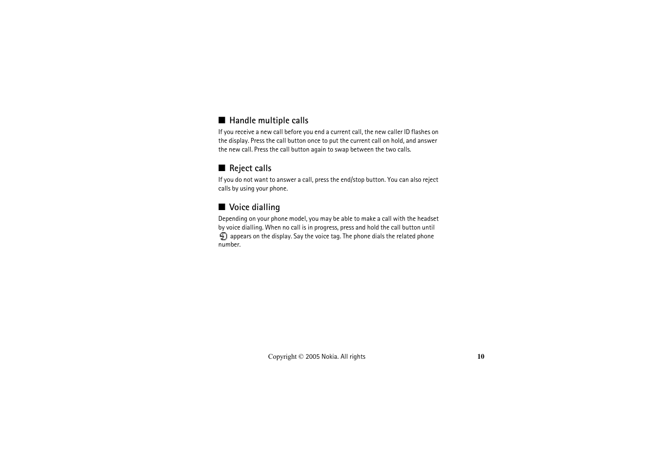 Handle multiple calls, Reject calls, Voice dialling | Handle multiple calls reject calls voice dialling | Nokia LCH-6 User Manual | Page 10 / 13