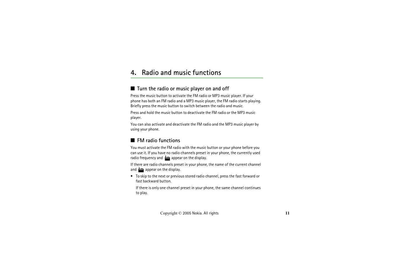 Radio and music functions, Turn the radio or music player on and off, Fm radio functions | Nokia LCH-6 User Manual | Page 11 / 13