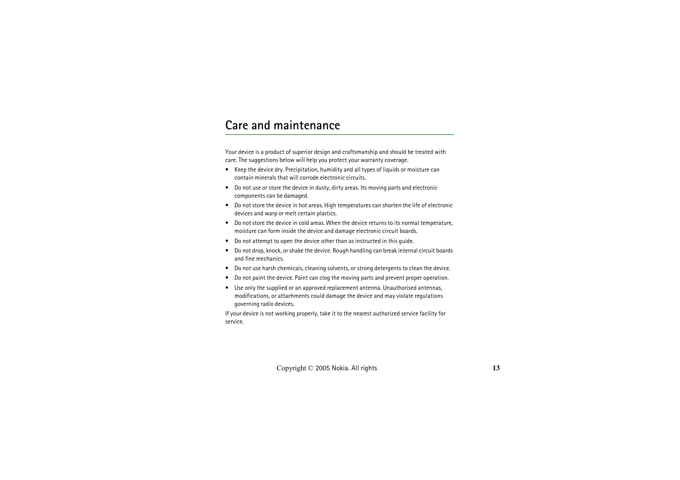 Care and maintenance | Nokia LCH-6 User Manual | Page 13 / 13