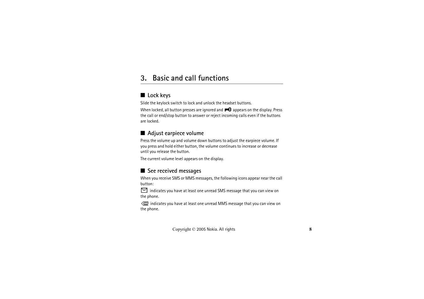 Basic and call functions, Lock keys, Adjust earpiece volume | See received messages | Nokia LCH-6 User Manual | Page 8 / 13