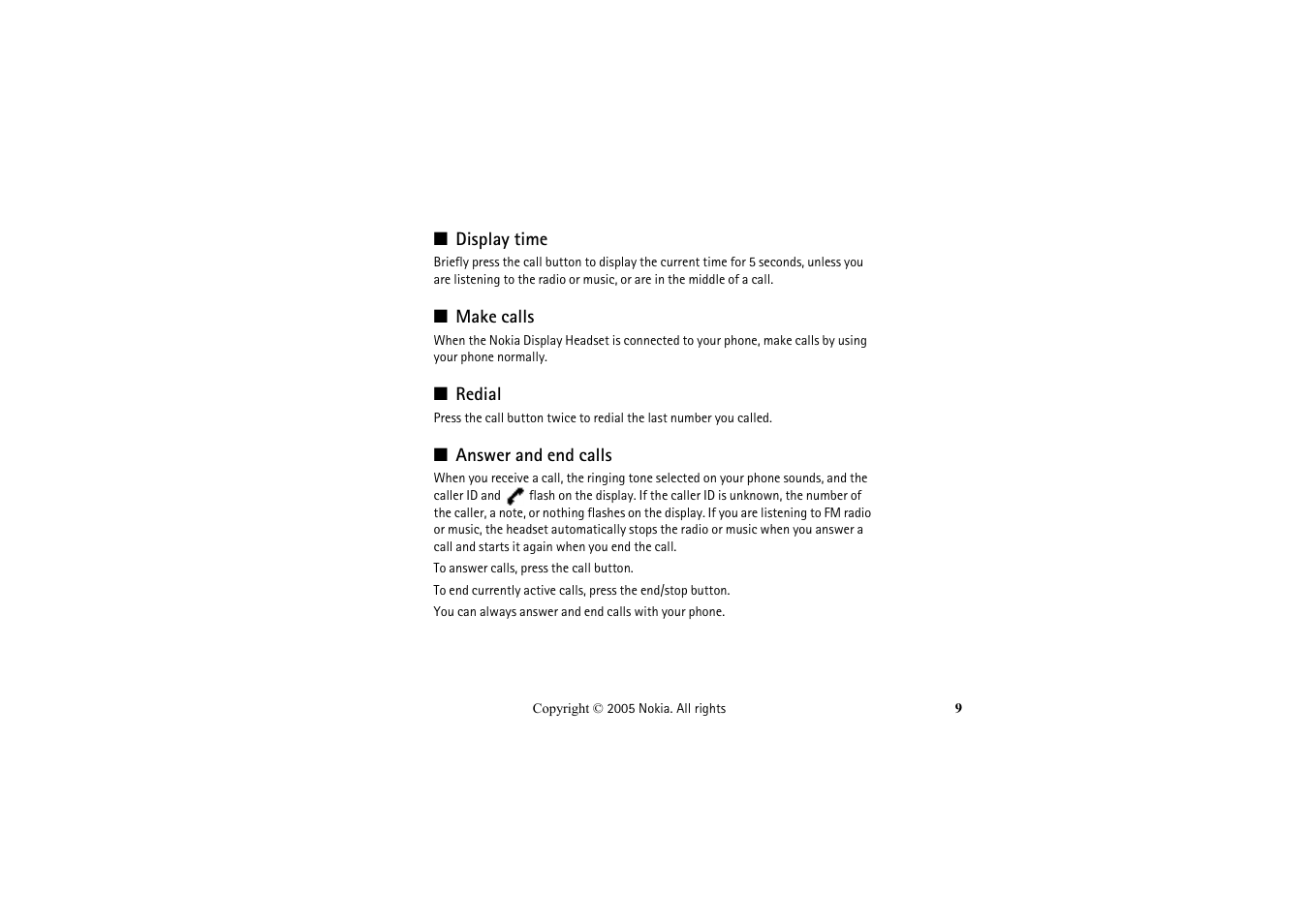 Display time, Make calls, Redial | Answer and end calls | Nokia LCH-6 User Manual | Page 9 / 13